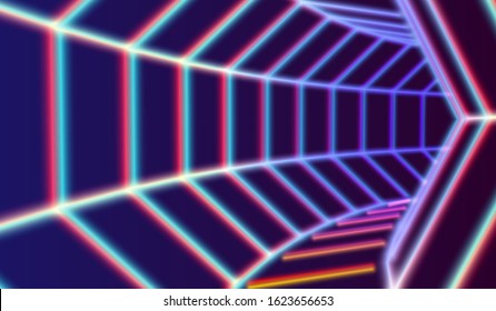 Neon tunnel in space with 80s styled lazer lines for futuristic poster or flyer. Gate with stars and fantastic glowing road