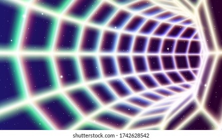 Túnel de neón en el espacio con líneas holgazanas de los 80 para afiches o volantes futuristas. Puerta con estrellas y fantástico camino brillante