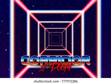 Neon tunnel in space with 80s styled lazer lines for futuristic poster or flyer. Gate with stars and fantastic glowing road