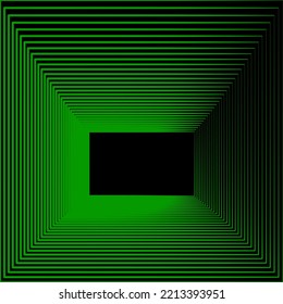 patrón de túnel cuadrado Negro y verde. Vector de túnel de neón cuadrado fluorescente. Fondo abstracto cuadrado. Ilustración de túnel de cuadrados anidados.