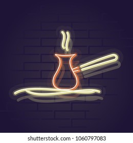 Neon turkey coffee pot on hot sand. Night illuminated wall street sign. Isolated geometric style illustration on brick wall background.