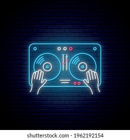 Neon Turntable sign. Glowing sound mixer icon. Hands on DJ mixer. Night bright signboard for dj, party, night club. Vector illustration in neon style.