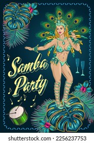 Neon turquoise poster with samba female dancer, tropical leaves, orchid, text Samba party. White blonde girl dancing and wearing shiny festival costume with colorful feathers. Vintage style.