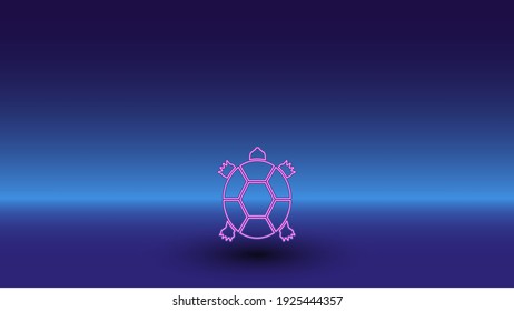 Neon turtle symbol on a gradient blue background. The isolated symbol is located in the bottom center. Gradient blue with light blue skyline
