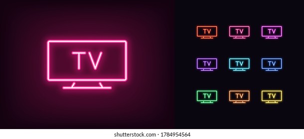 Neon tv icon. Glowing neon television sign, set of isolated widescreen tv display in different vivid colors. Bright icon, sign, symbol for UI design. Desktop device and gadget. Vector illustration