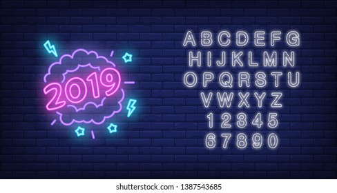 Neon twenty nineteen sign Glow twenty nineteen inscription with lightning and stars. New Year concept. Vector illustration for party and advertisement. 