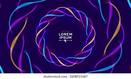 Neon Twisting Spiral Waves Forming a Glowing Ring on Dark Background. Abstract Motion, Futuristic Tech, or Music Visual Concept. Vector Illustration.
