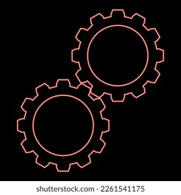 Neon two gears gearwheel cog set Cogwheels connected in working mechanism red color vector illustration image flat style