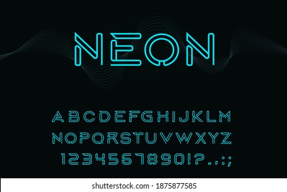 Tipo de letra Neon, letras del alfabeto vector brillante, dígitos y signos de puntuación aislados en el fondo negro. Caracteres en mayúsculas del abc de neón azul, señales fluorescentes de estilo futurista eléctrico