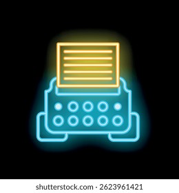 Neon typewriter icon glowing in the dark, representing vintage writing or old fashioned communication