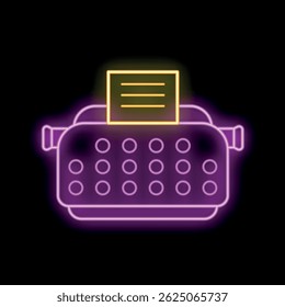 Neon typewriter with paper sheet glowing on a black background