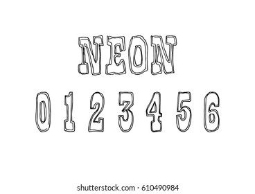 Neon typographic logo. Hand drawn linear design. Connected letters and numbers 1,2,3,4,5,6