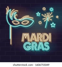 Neon typography for mardi gras canrival with old style mask and sparkling candle. Vector line art illustration on brick wall background. Isolated elements for poster, banner. Square image for social n