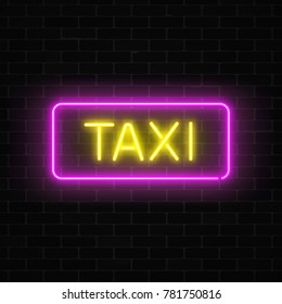 Neon uber and taxi transportation services signs in a geometrical shape on a brick background. Vector illustration.