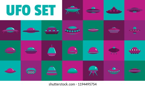 Neon ufo set. Retro neon ufo set on color background. Elements for retro emblem, poster and logo