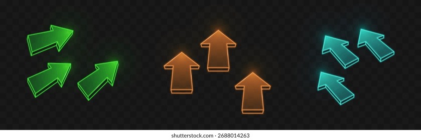 Colección de flecha de neón UI con luces verdes, naranjas y cian brillantes para la interfaz del juego o la navegación digital. Punteros direccionales iluminados con efecto 3d en bg oscuro. Elementos de Botón futuristas.
