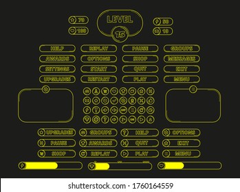 Neon UI KIT for games and app. There are yellow buttons, elements, windows and bars which are in separate circles. 