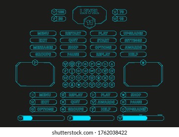 Neon UI KIT for games and app. There are blue buttons, elements, windows and bars which are in separate hexagons. 