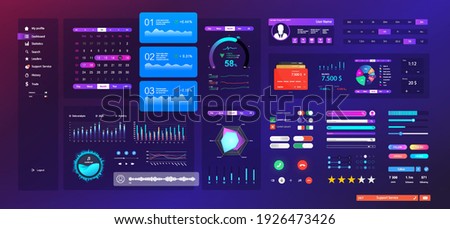 Neon UI  UX  KIT elements set. Universal design interface for Mobile App, web site design and dashboard template. UI, UX and KIT flat elements - search, navigation, buttons, switches, bars. Vector