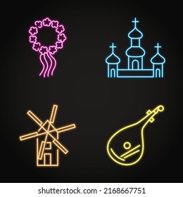 Neon Ukrainian national symbols icon set. Windmill, christian church, floral wreath and bandura symbols. Vector illustration.