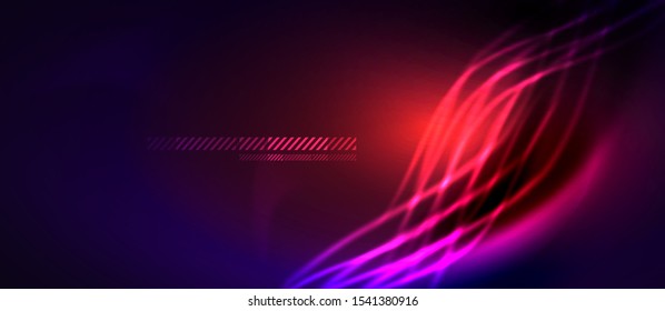 Neon ultraviolet abstract waves background. Shiny lights on bright colors with design elements. Futuristic or technology template illustration, hi-tech concept