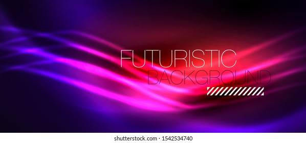 Neon ultraviolet abstract waves background. Shiny lights on bright colors with design elements. Futuristic or technology template illustration, hi-tech concept