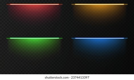 Neon ultraviolet divide lamps. Vector illustration of realistic light. Symbol of modern fashion. Set of different color shades. Popular style, neon design.