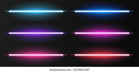 Neon ultraviolet lamps. Vector illustration of realistic light. Symbol of modern fashion. Set of different color shades. Popular style, neon design.