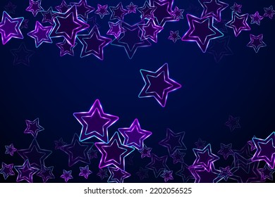 Neon ultraviolet stars music vector background. Violet led magic New Year sparkles. Disco party banner holiday shiny colorful decor. Laser sparkling stars. Win double outline starry symbols wallpaper.
