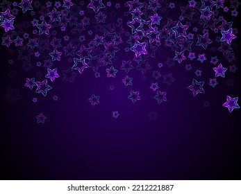 Neon ultraviolet stars music vector background. Purple led magic New Year sparkles. Birthday banner holiday shiny colorful decor. Laser sparkling stars. Cool glowing design.