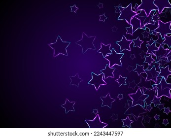 Neon ultraviolet stars music vector background. Violet led magic New Year sparkles. Nightclub banner holiday shiny colorful decor. Laser sparkling stars. Win symbols wallpaper.