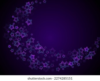 Neon ultraviolet stars music vector background. Violet led magic New Year sparkles. Disco party banner holiday shiny colorful decor. Laser sparkling stars. Win symbols wallpaper.