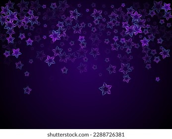 Neon ultraviolet stars music vector background. Violet led magic New Year sparkles. Disco party banner holiday shiny colorful decor. Laser sparkling stars. Graphic illustration pattern.