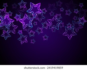 Neon ultravioleta estrellas fondo de la música vectorial. El año nuevo mágico liderado por violeta brilla. Banner disco de vacaciones brillante decoración colorida. Estrellas brillantes láser. Resumen de los premios.