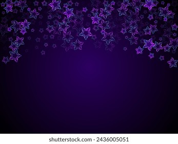 Neon ultraviolet stars music vector background. Purple led magic New Year sparkles. Nightclub banner holiday shiny colorful decor. Laser sparkling stars. Graphic illustration pattern.