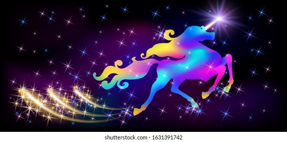Neon unicorn with luxurious winding mane, glowing star on horn and shiny fireworks against the background of the fantasy universe with sparkling stars