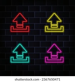 Neon upload icon. Bright neon upload sign, outline arrow pictogram in bright colors. Saving data online, uploading information, interacting with files. Vector icon set. yellow, red, green, blue, pink 