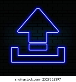 Neon upload icon. Glowing neon upload sign, outline arrow pictogram in vivid colors. Online data saving, information uploading, interaction with files. Vector icon set, sign, symbol for UI.4.