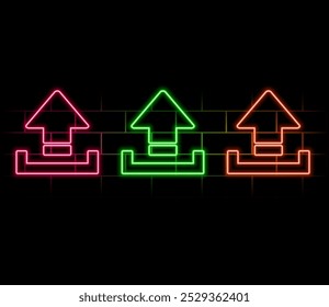 Neon upload icon. Glowing neon upload sign, outline arrow pictogram in vivid colors. Online data saving, information uploading, interaction with files. Vector icon set, sign, symbol for UI.2.