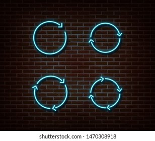 Neon upload, reload signs vector isolated on brick wall. Load light symbol, decoration effect. Neon update illustration.