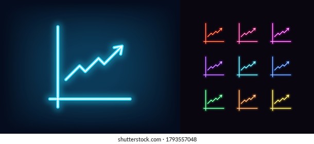 Neon upward chart icon. Glowing neon growth chart sign, up arrow in vivid colors. Financial forecast, enhance results, growing trend. Bright icon set, sign, symbol for UI design. Vector illustration svg