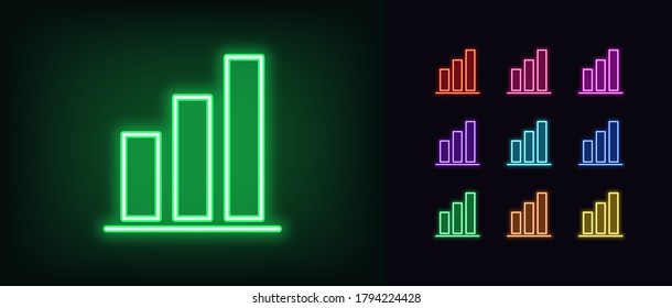 Neon upward graph icon. Glowing neon growth diagram sign, up bar chart in vivid colors. Financial forecast, enhance results, growing trend. Bright icon set, sign, symbol for UI. Vector illustration svg