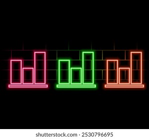 Icono de gráfico ascendente de neón. Diagrama de crecimiento de neón brillante, muestra el gráfico de barras en colores vivos. Previsión financiera, mejorar los resultados, tendencia creciente. Conjunto de iconos brillantes, signo, símbolo para IU. Ilustración vectorial.2
