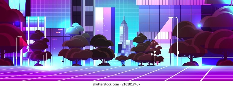 neon urban town street view through VR glasses mega city building houses exterior metaverse virtual reality technology