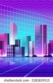 neon urban town street view through VR glasses mega city building houses exterior metaverse virtual reality technology