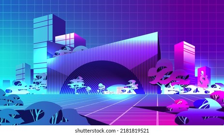 neon urban town street view through VR glasses mega city building houses exterior metaverse virtual reality technology