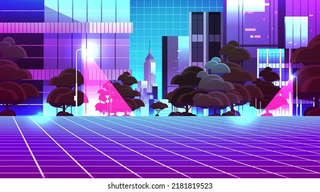 neon urban town street view through VR glasses mega city building houses exterior metaverse virtual reality technology