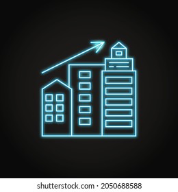 Neon Urbanisierung Symbol in dünner Linie Stil. Wachsende Wolkenkratzer in der Stadt. Vektorgrafik.