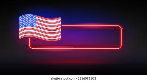 Bandera de Neon USA con espacio de fotocopia en fondo oscuro. Vector clipart para el Día de la Independencia y proyectos patrióticos.