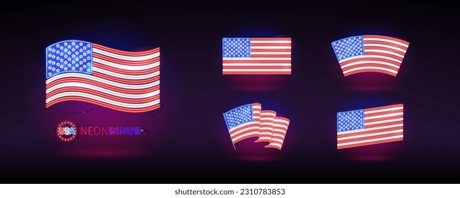 Neon USA Flags Set on Dark Background. Vector clipart for Independence Day and patriotic projects.